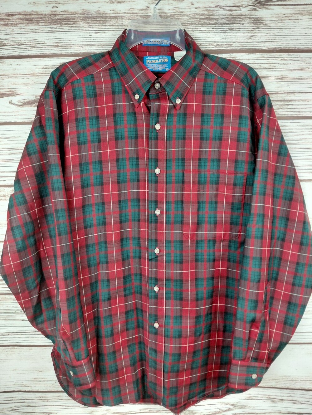 Pendleton Mens Medium Vintage Red/Green Plaid 100% Wool Button Down Dress Shirt